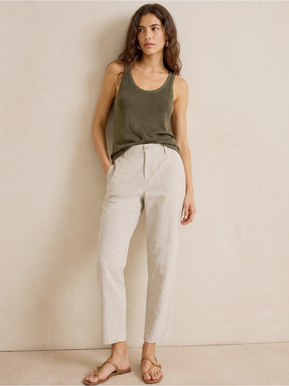 GAP Woman Cream Linen Cotton Side Embroidery Girlfriend Chino Pants US10 Classic
